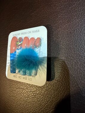 Luxury Press-On Nails with Teal Pom Pom Accent